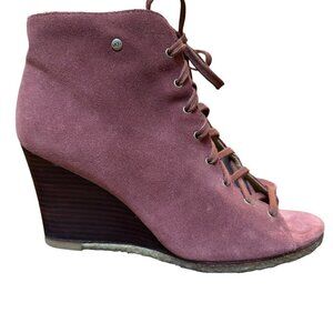 UGG Elyse Open Toe‎ Maroon Leather Lace Up Ankle Wedge Heels Womens Size 8